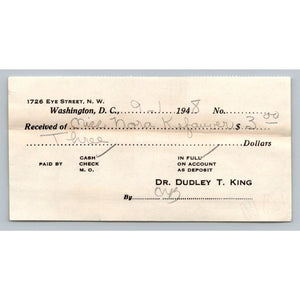 1948 Washington DC Dr. Dudley T. King Medical Receipt Nora Kefauver Ephemera