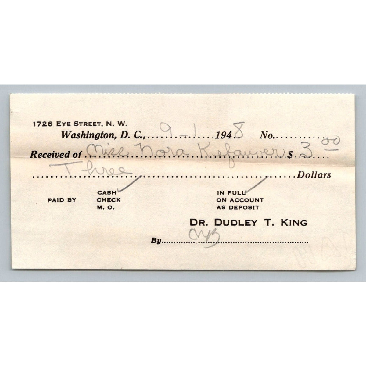 1948 Washington DC Dr. Dudley T. King Medical Receipt Nora Kefauver Ephemera