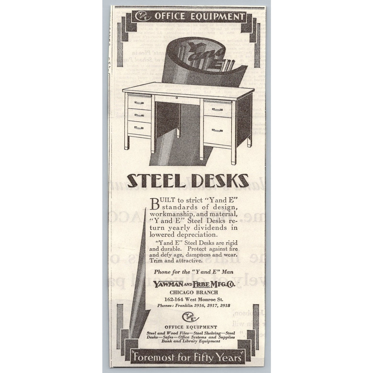 1930 Y & E Steel Desks Office Equipment Chicago Print Ad Ephemera Art Deco
