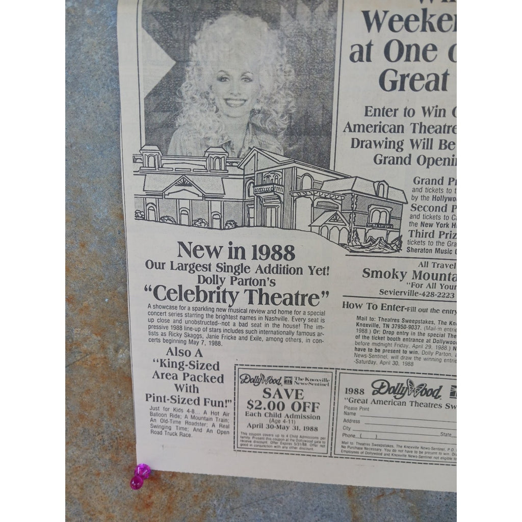 1988 Dollywood Dolly Parton Celebrity Theatre Grand Opening Sweepstakes Print Ad
