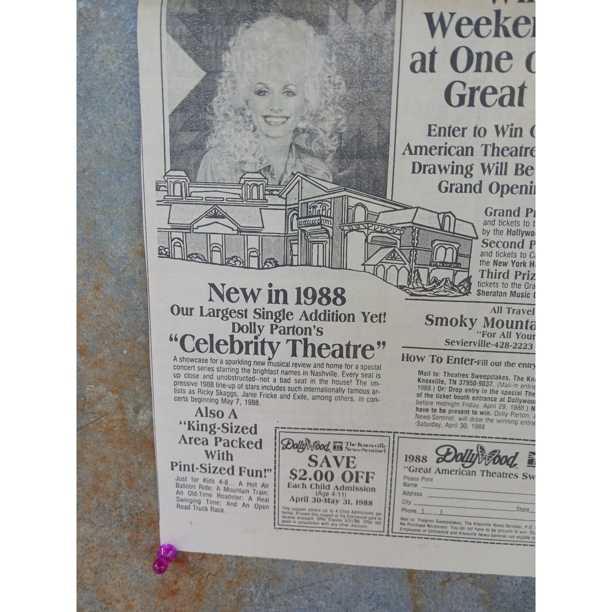 1988 Dollywood Dolly Parton Celebrity Theatre Grand Opening Sweepstakes Print Ad