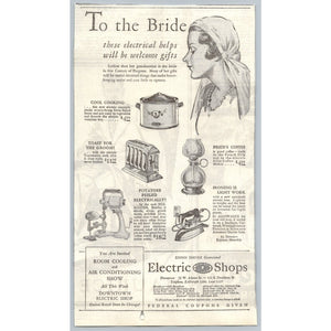 1930s Chicago Electric Shops Bridal Gifts Appliance Print Ad Toaster Ephemera