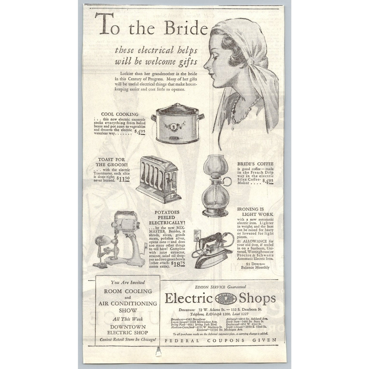 1930s Chicago Electric Shops Bridal Gifts Appliance Print Ad Toaster Ephemera