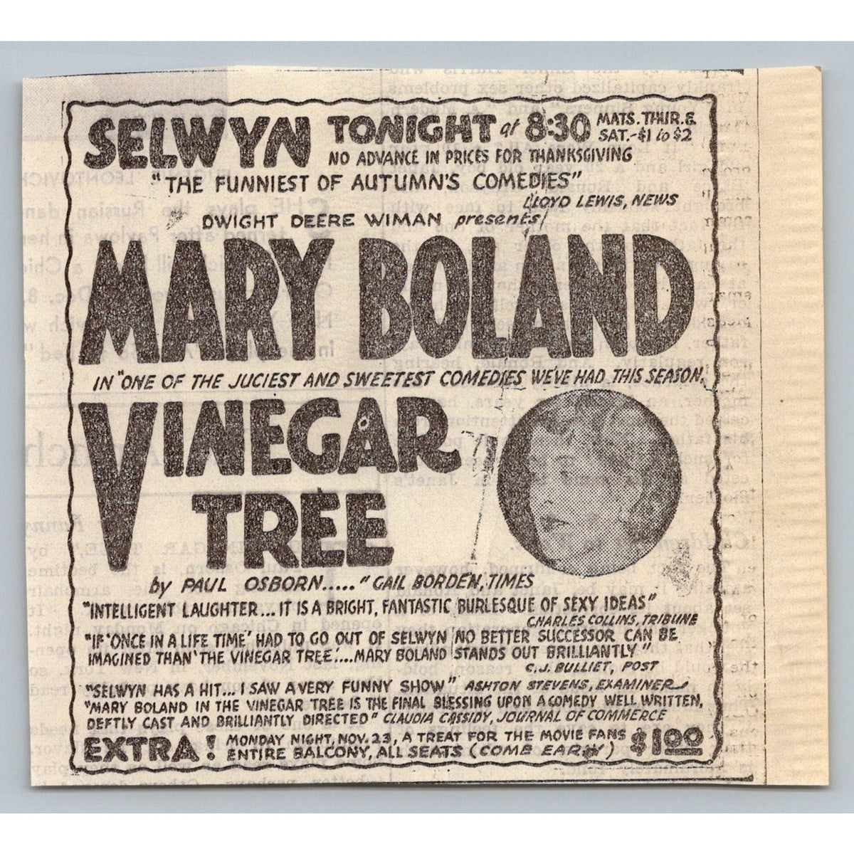 1930s Mary Boland The Vinegar Tree Selwyn Theatre Broadway Newspaper Ad