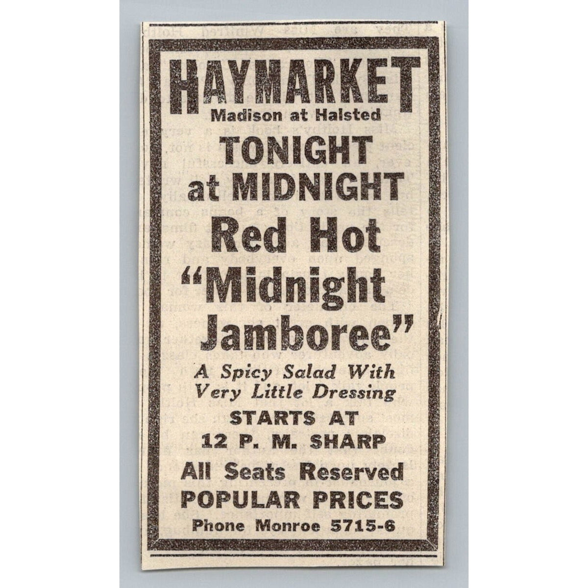 1931 Chicago Haymarket Midnight Jamboree Spicy Salad Newspaper Ad