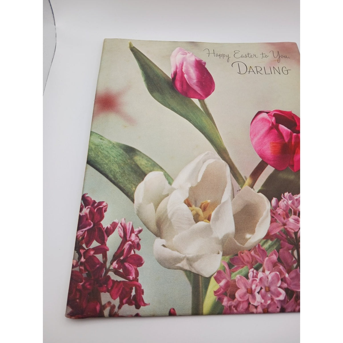 Vintage Paramount Happy Easter Floral Satin Padded Greeting Card Tulips Lilacs