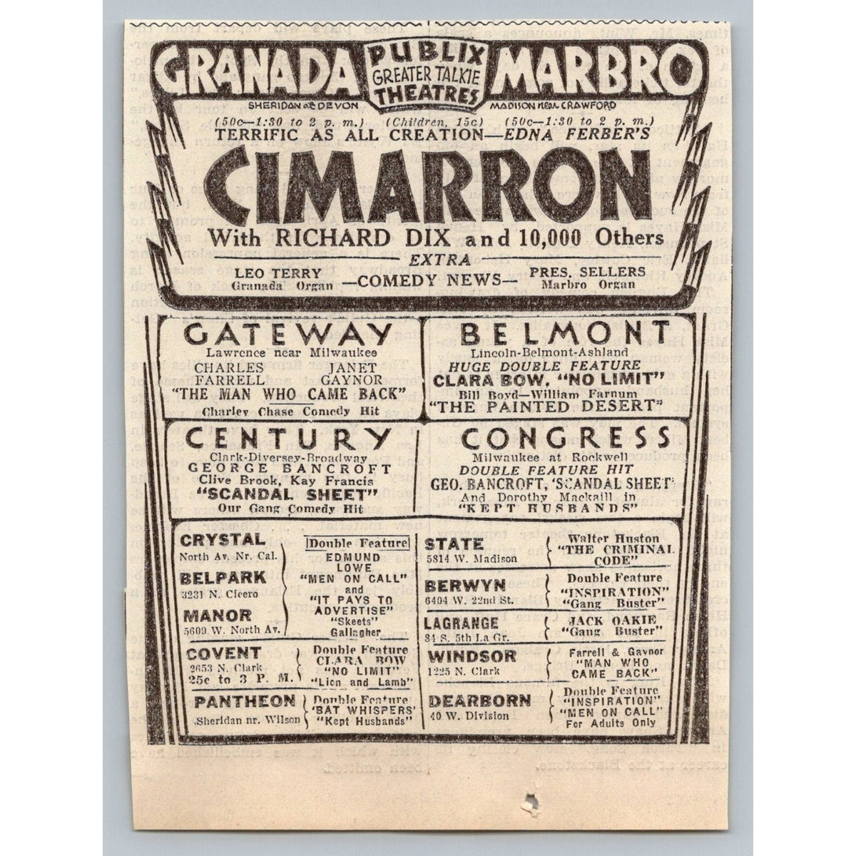 1931 Chicago Movie Theater Ad Cimarron Richard Dix Clara Bow PubliX Granada