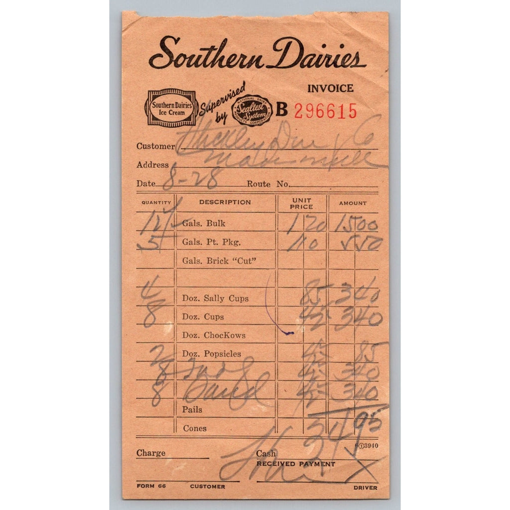 1940s Southern Dairies Ice Cream Invoice Milk Delivery Ephemera Receipt Tn