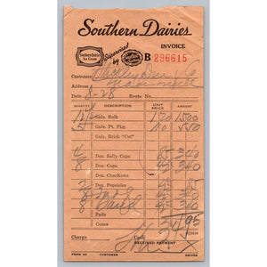 1940s Southern Dairies Ice Cream Invoice Milk Delivery Ephemera Receipt Tn