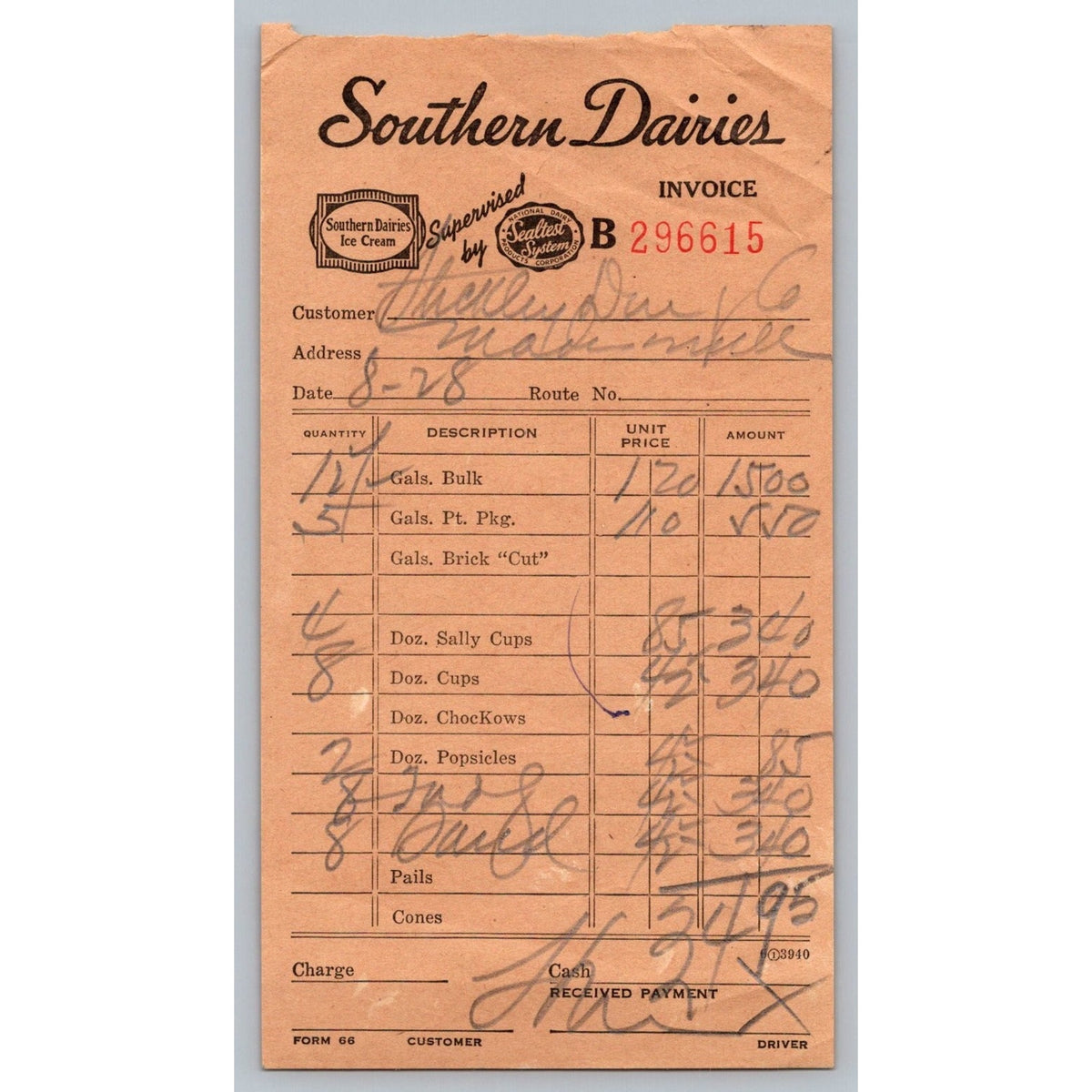 1940s Southern Dairies Ice Cream Invoice Milk Delivery Ephemera Receipt Tn
