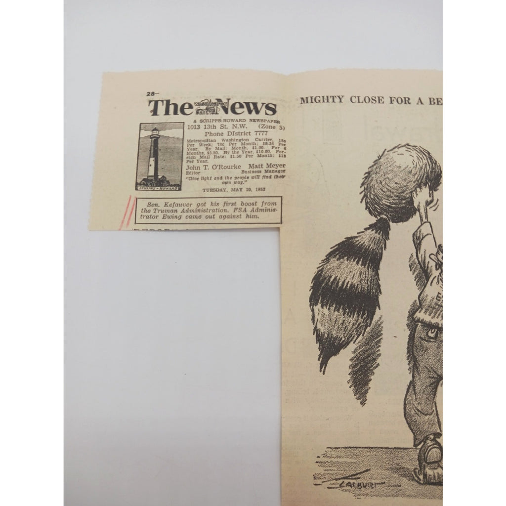 Estes Kefauver Comic Pinning Coonskin Cap on Donkey Cartoon Newspaper Clipping