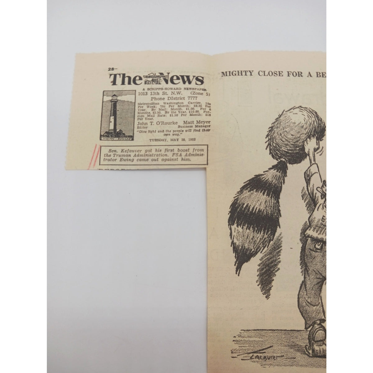 Estes Kefauver Comic Pinning Coonskin Cap on Donkey Cartoon Newspaper Clipping