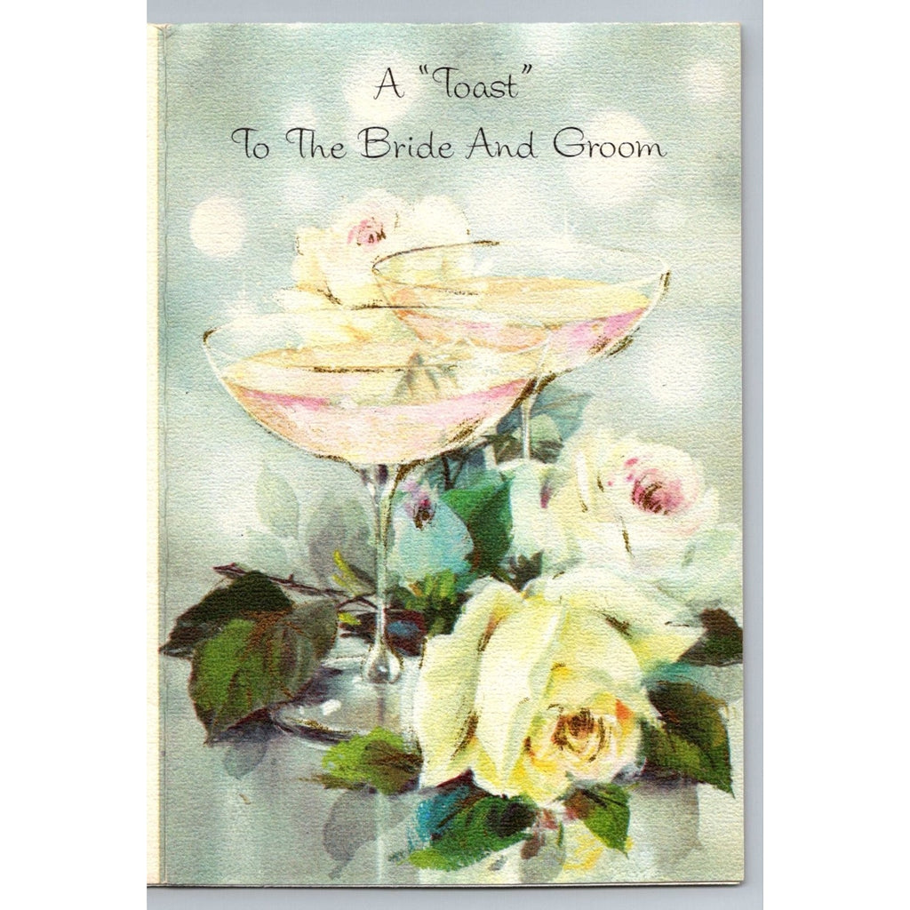 Vintage Forget Me Not Wedding Greeting Card A Toast Bride & Groom Roses Yellow