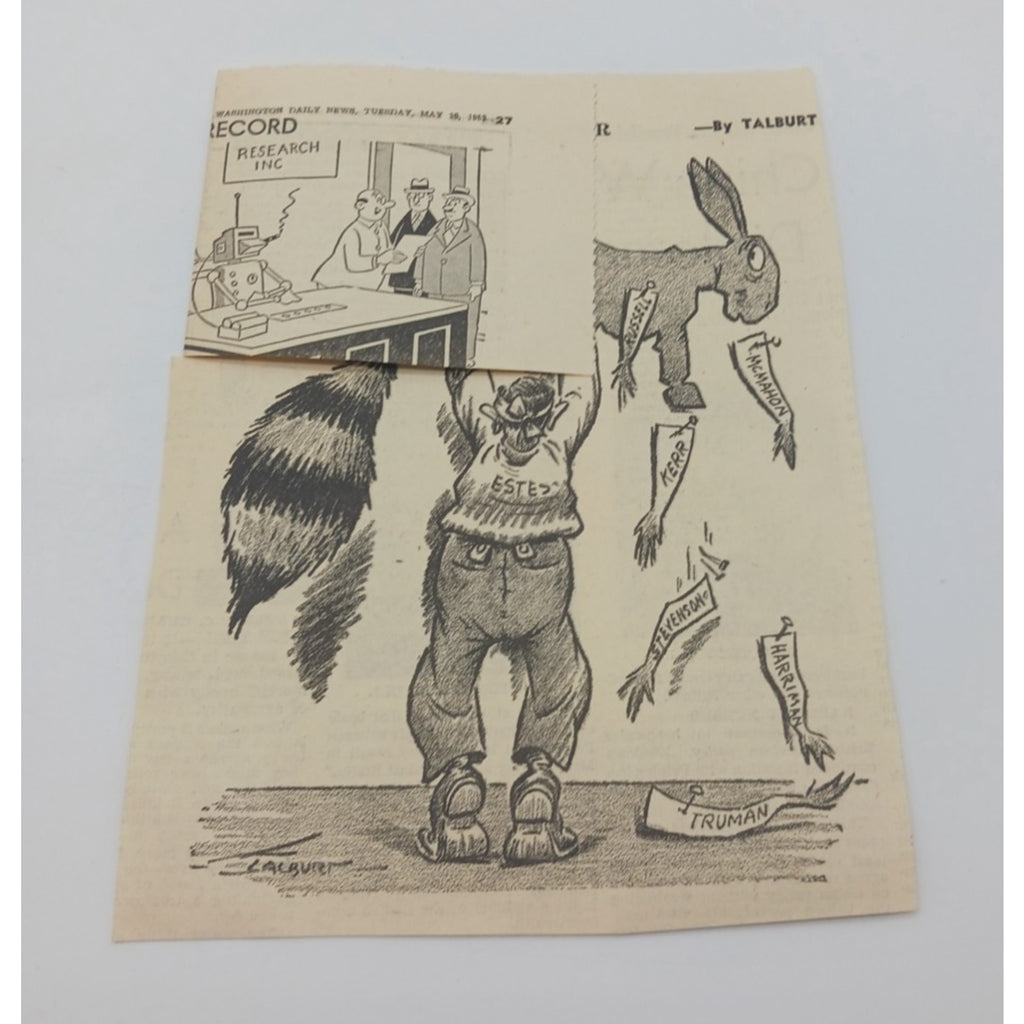 Estes Kefauver Comic Pinning Coonskin Cap on Donkey Cartoon Newspaper Clipping