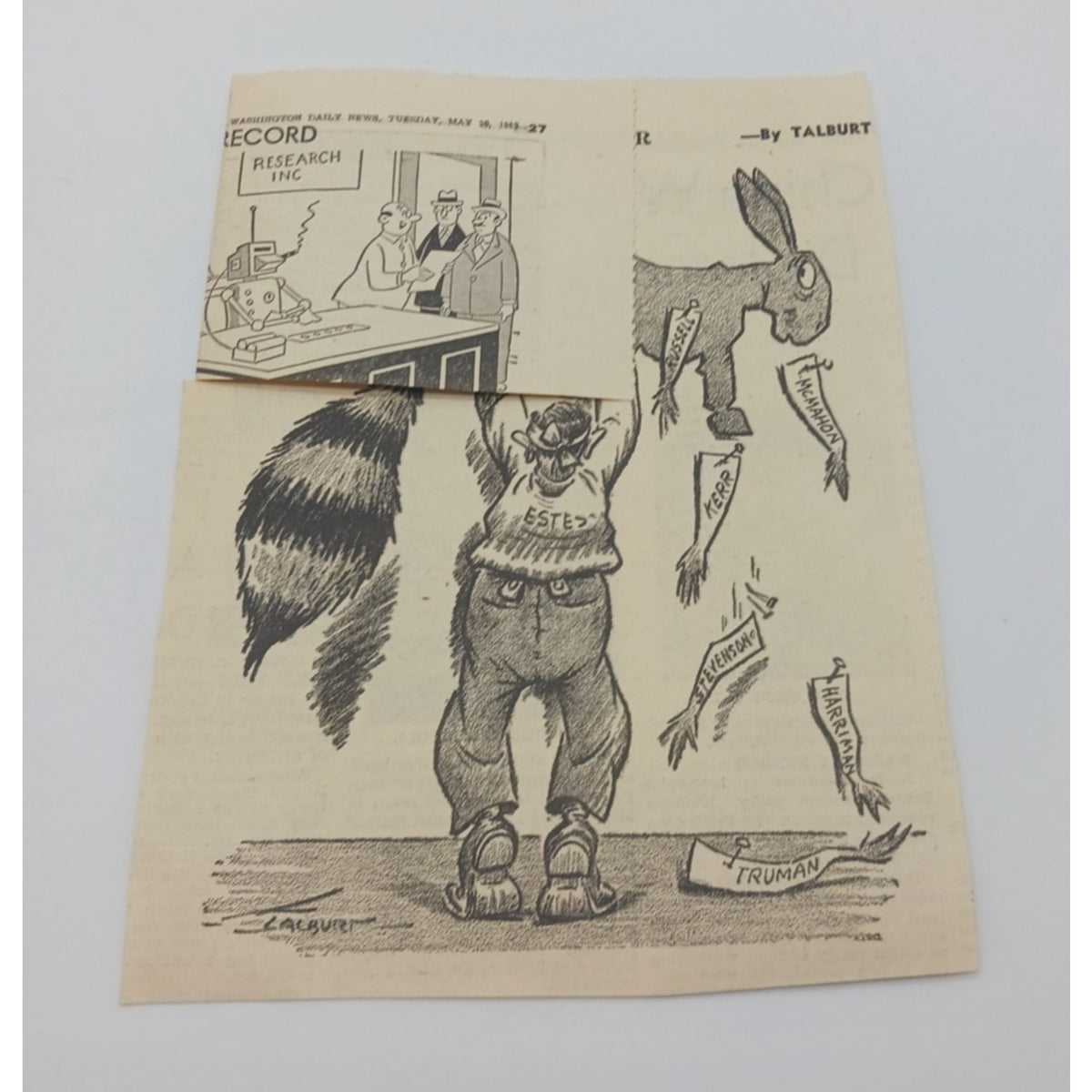Estes Kefauver Comic Pinning Coonskin Cap on Donkey Cartoon Newspaper Clipping