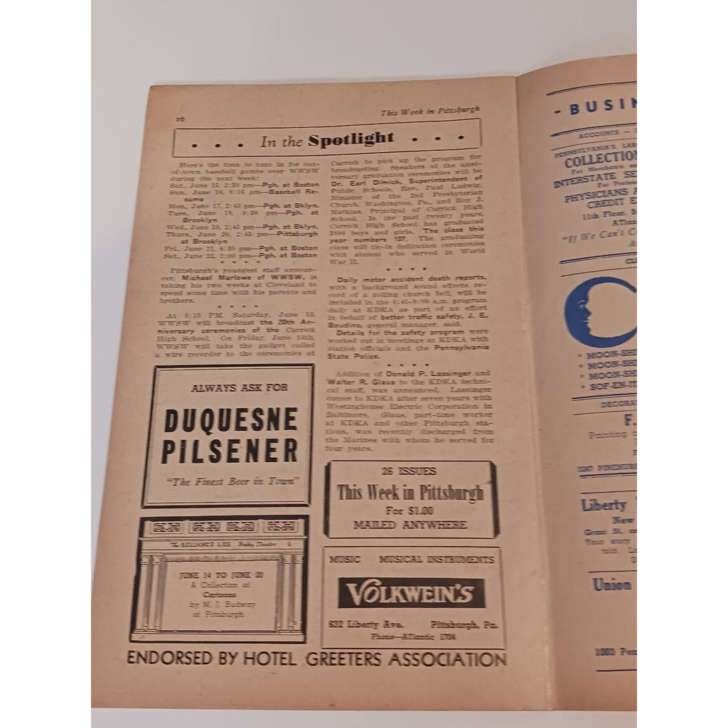1946 This Week in Pittsburgh Guide Ted Weems Old Vintage Ephemera Ads