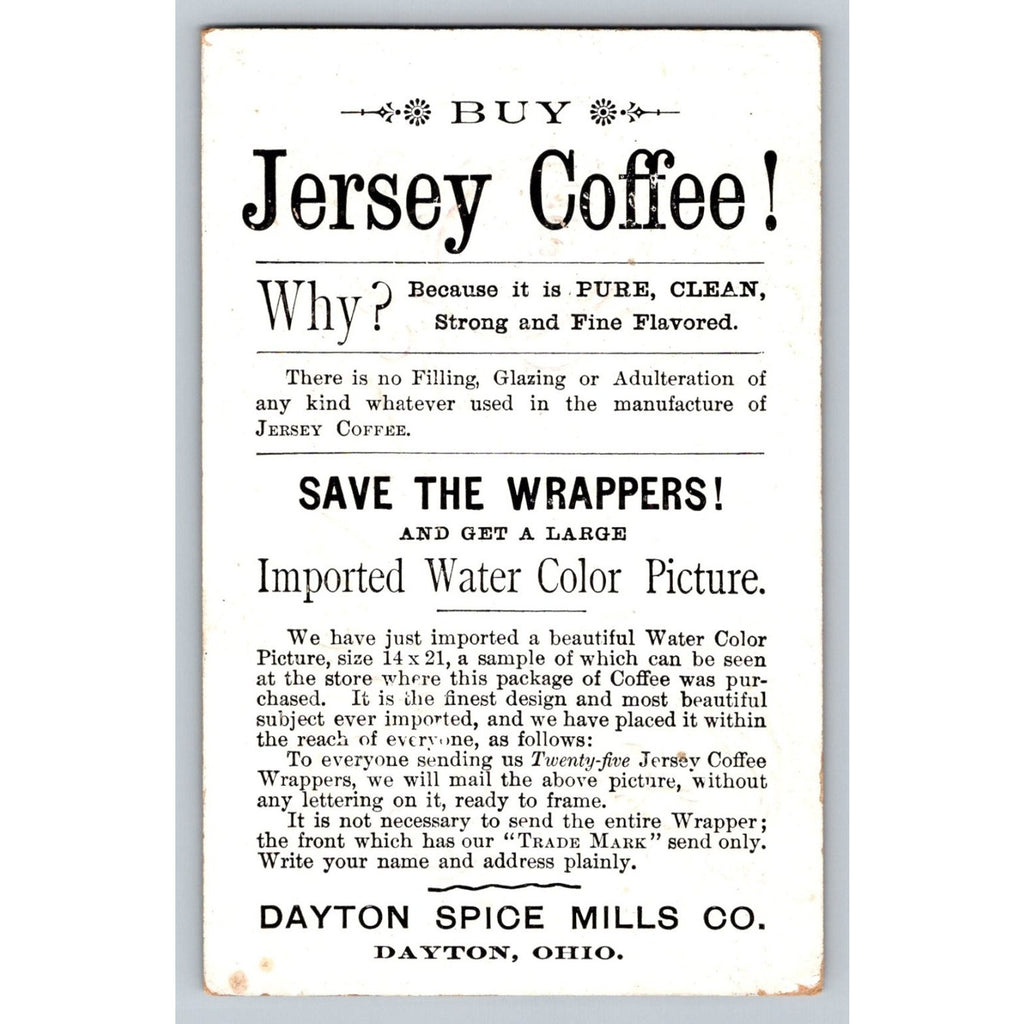 1890s Jersey Coffee Dayton Ohio Victorian Trade Card Winter Scene Rose Violets