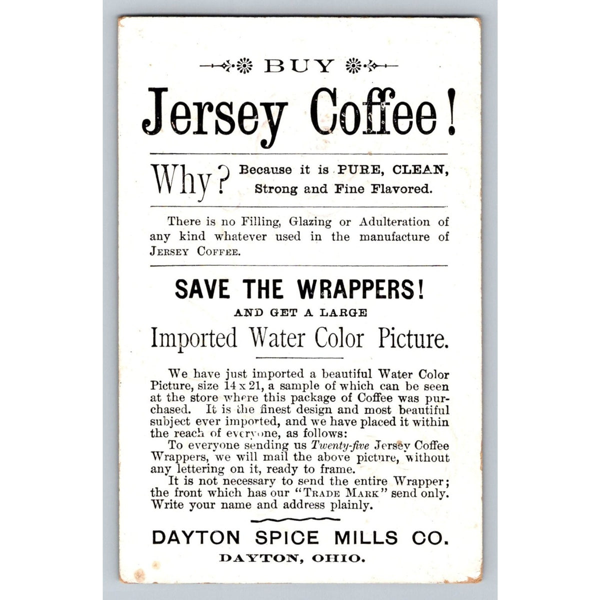 1890s Jersey Coffee Dayton Ohio Victorian Trade Card Winter Scene Rose Violets