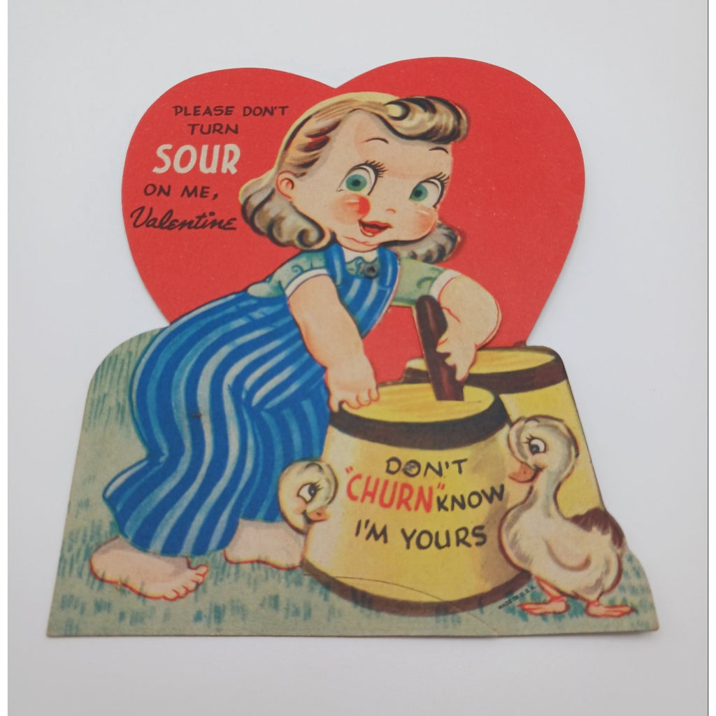 Vintage Valentine Card Girl Ducks Don't Churn Know I'm Yours Mechanical Eyes Arm