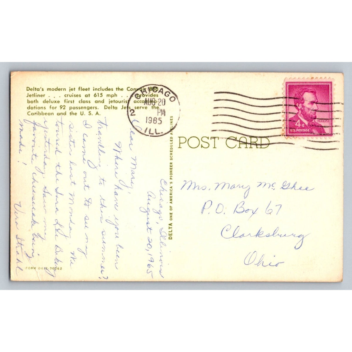 1965 Delta Air Lines Convair 880 Jetliner Chicago Posted Postcard