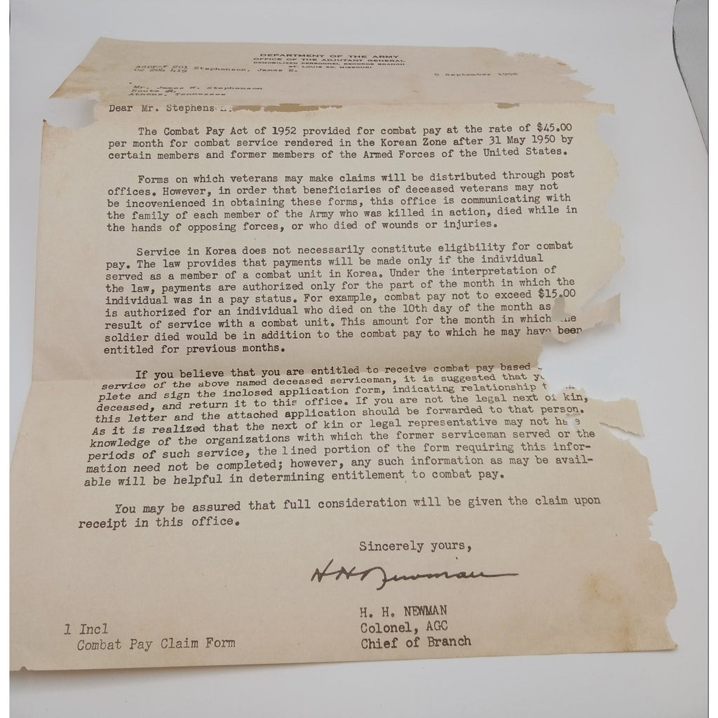 Korean War US Army Letters Document Lot KIA Remains Home 1st Lt James Stephenson