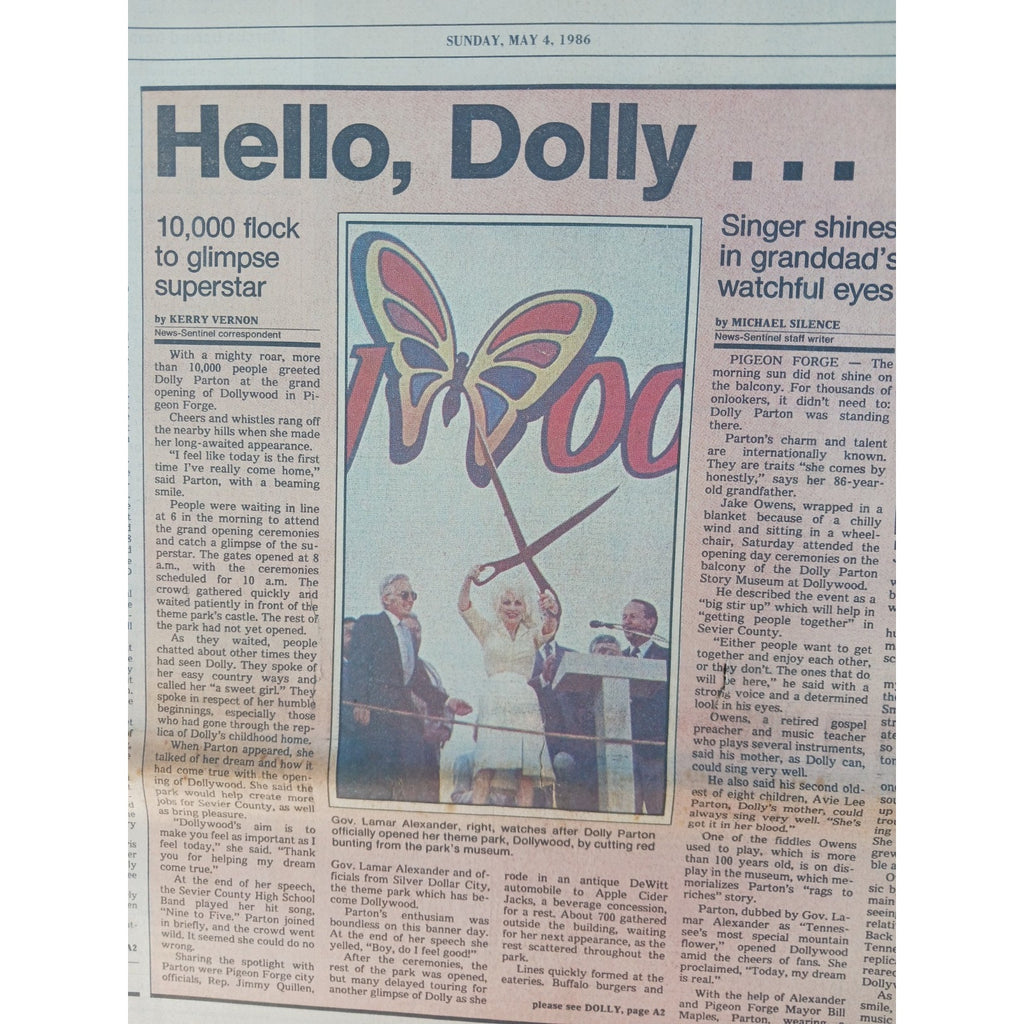 RARE 1986 Dollywood Grand Opening Newspaper Article Dolly Parton Pigeon Forge TN