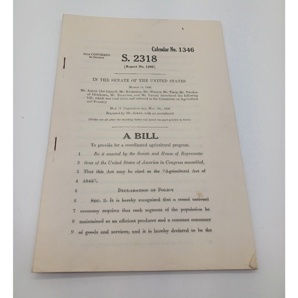 May 1948 80th Congress S. 2318 Agricultural Program Bill Cal No 1346 Kefauver