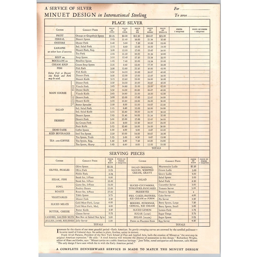 1930s International Sterling Minuet Silverware Ad Price List Ephemera Print