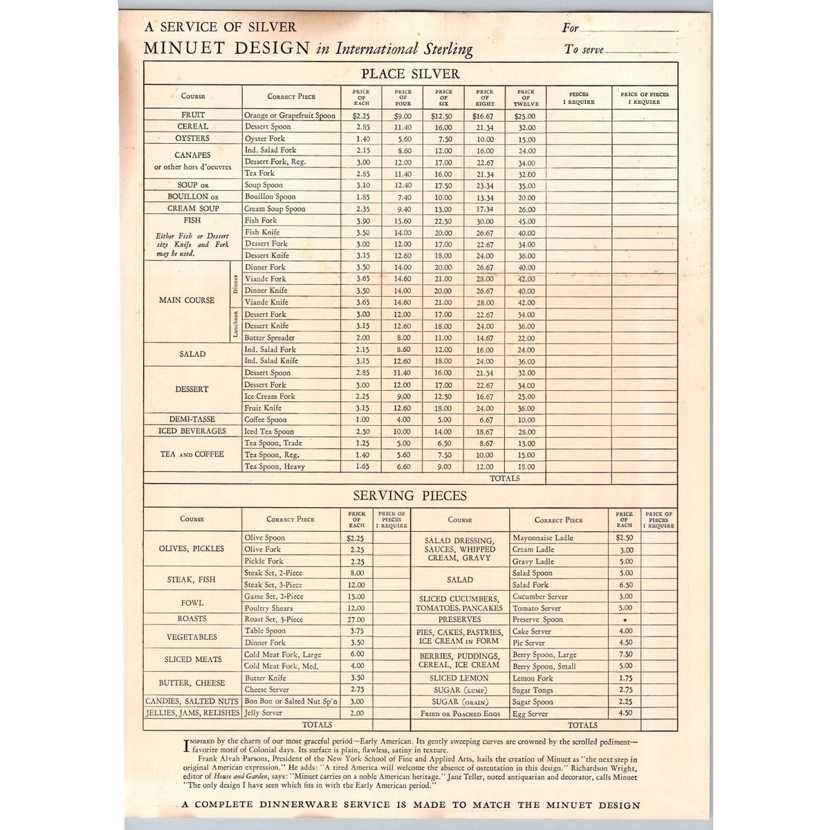 1930s International Sterling Minuet Silverware Ad Price List Ephemera Print