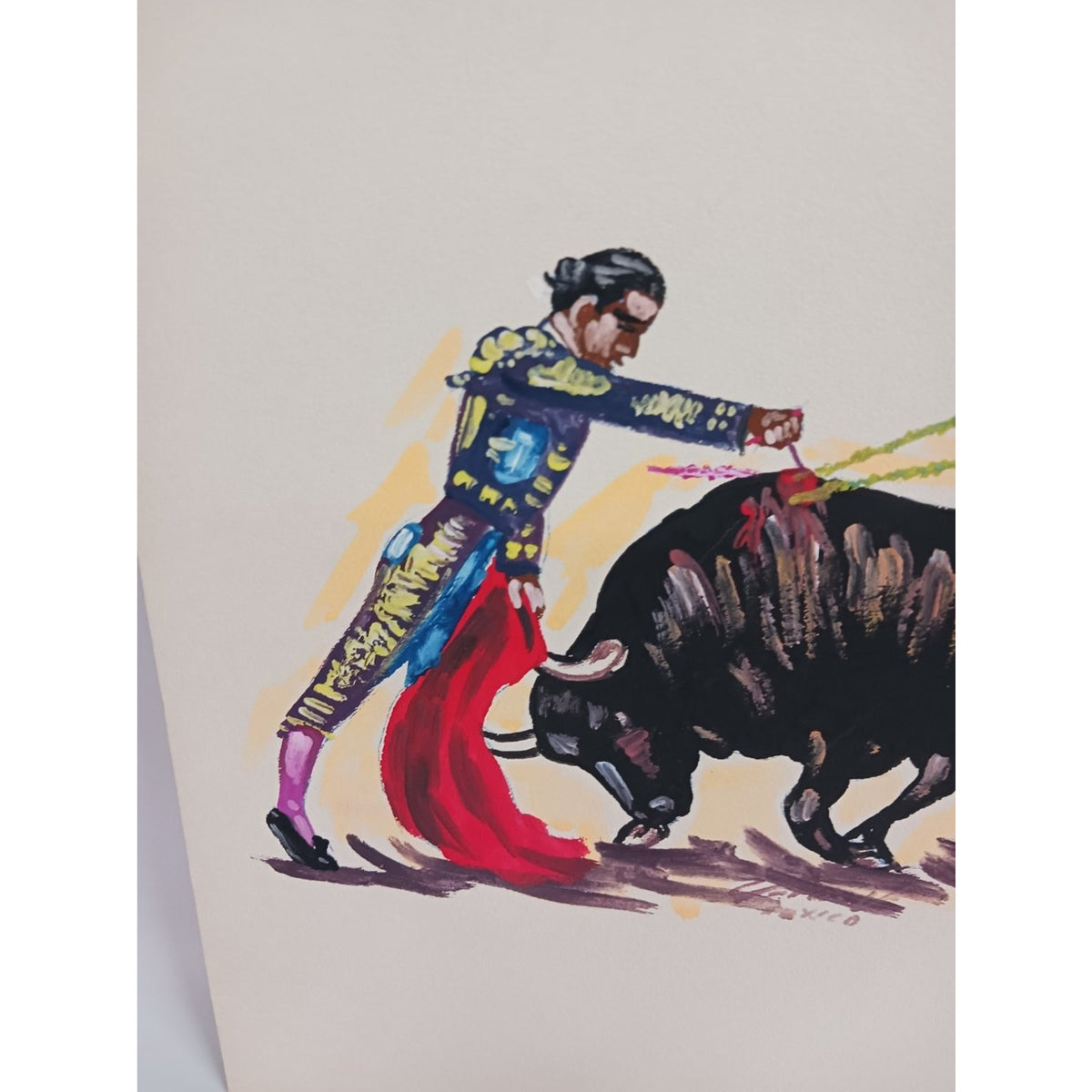 Vintage Bullfighter Matador Art Watercolor Folk Art Mexico Wall Decor Signed