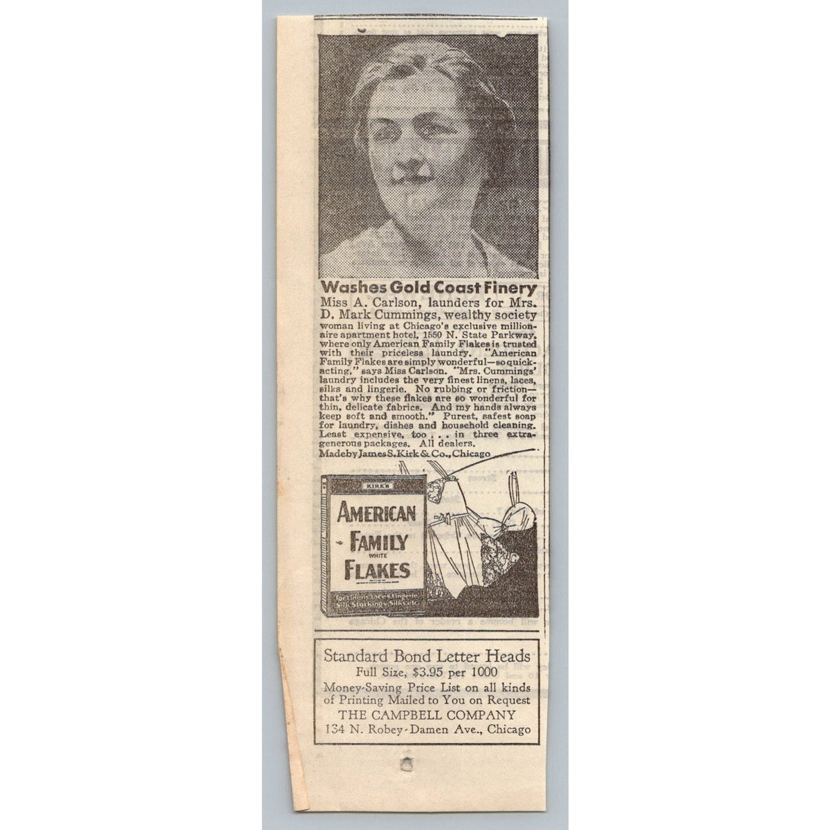 1930 Chicago Gold Coast Laundry Ad American Family Flakes Ephemera
