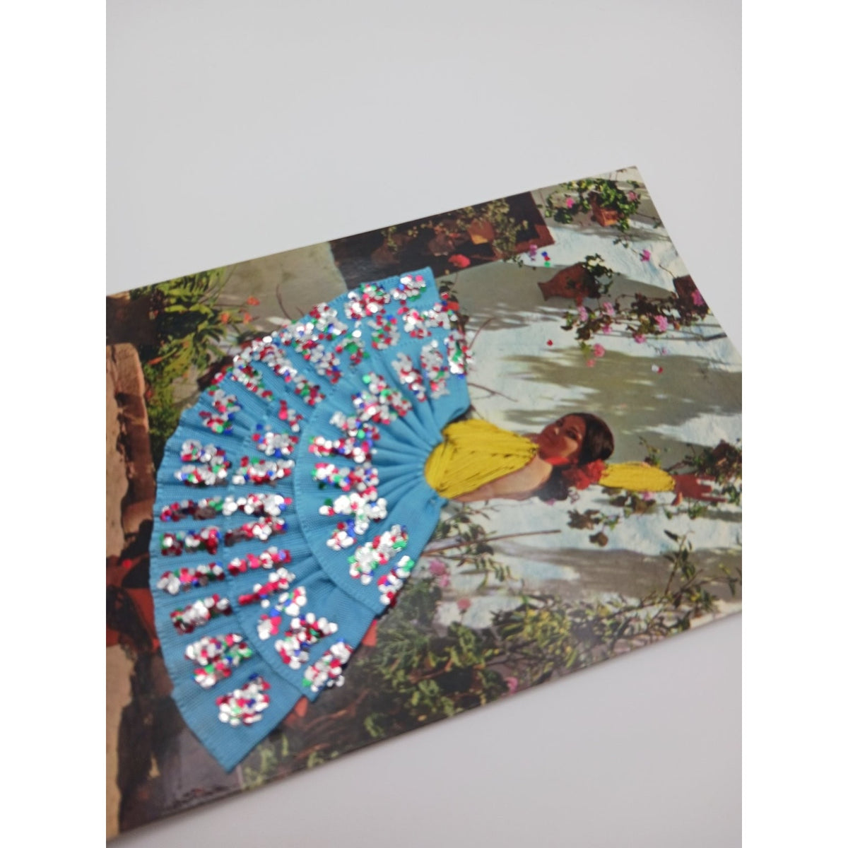 Vintage Spain Postcard Flamenco Dancer Applique Fabric Satin Skirt Glitter