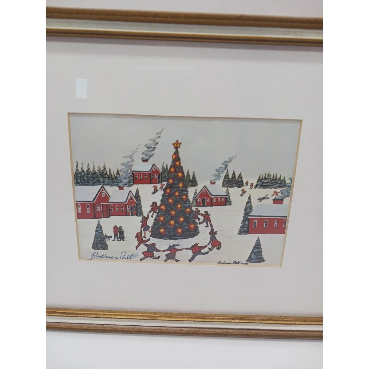 Christmas Winter Rodman Pell Dancing Around Tree Signed Framed Matted Print