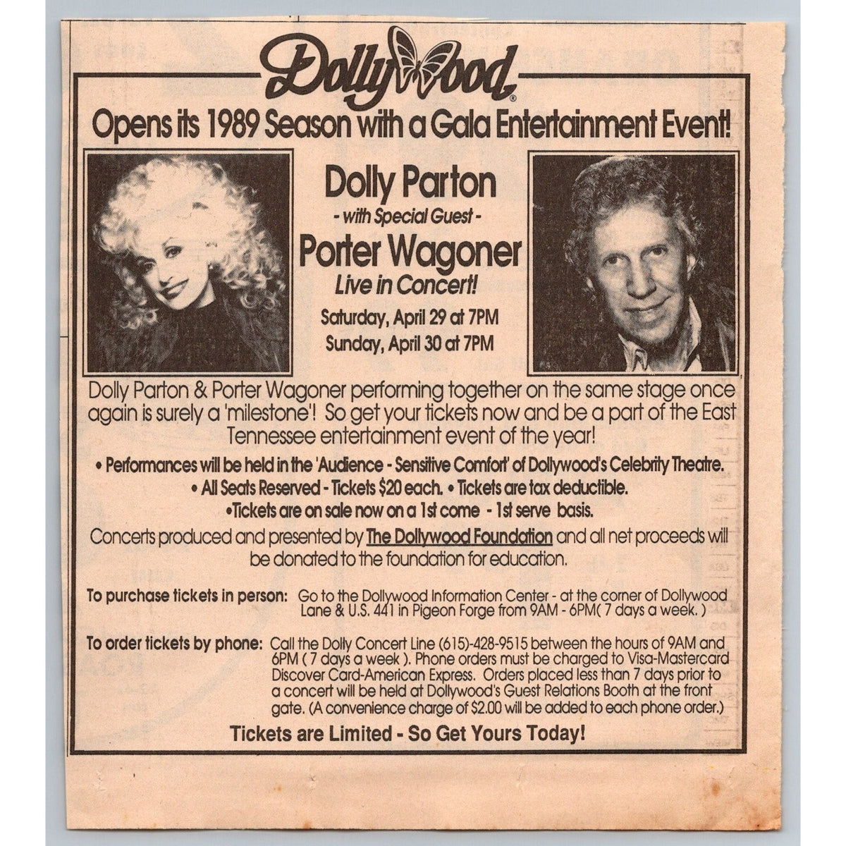 1989 Dollywood Dolly Parton Porter Wagoner Concert Print Ad Pigeon Forge TN
