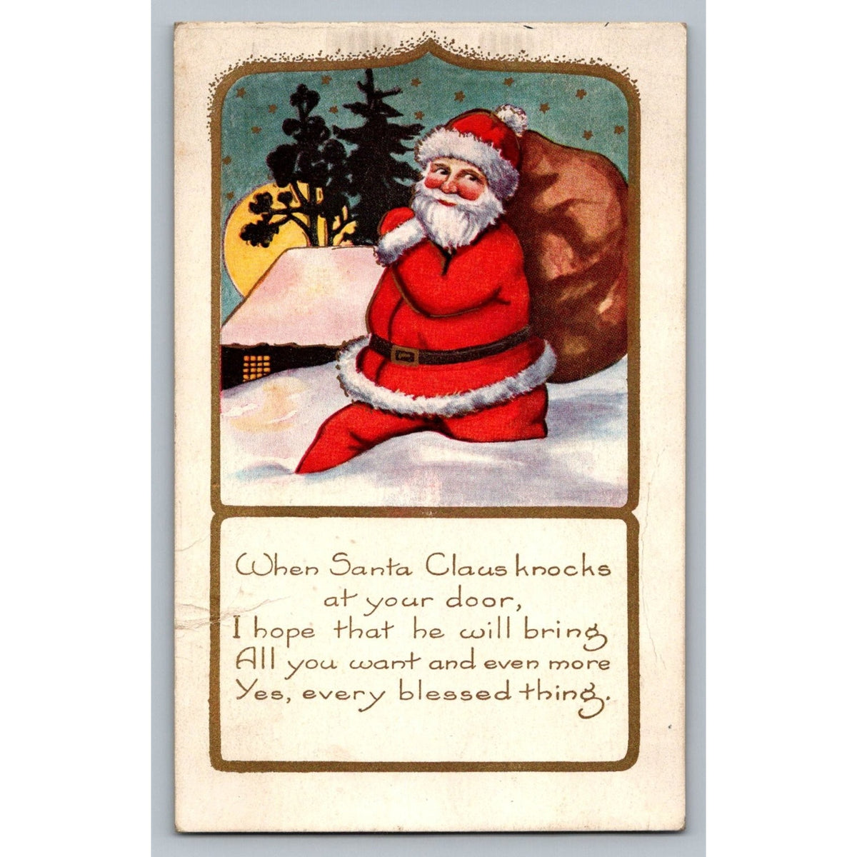 Vintage Whitney Made Santa Claus Christmas Postcard Embossed Glitter Snow Poem