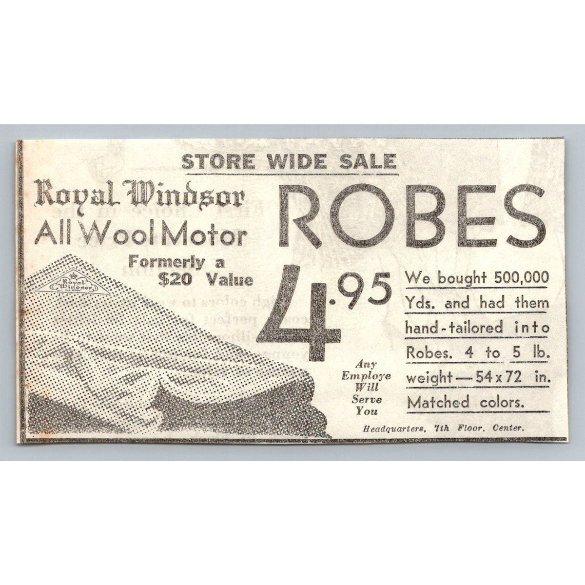 1930s Royal Windsor All Wool Motor Robes Store Sale Print Ad Vintage Ephemera