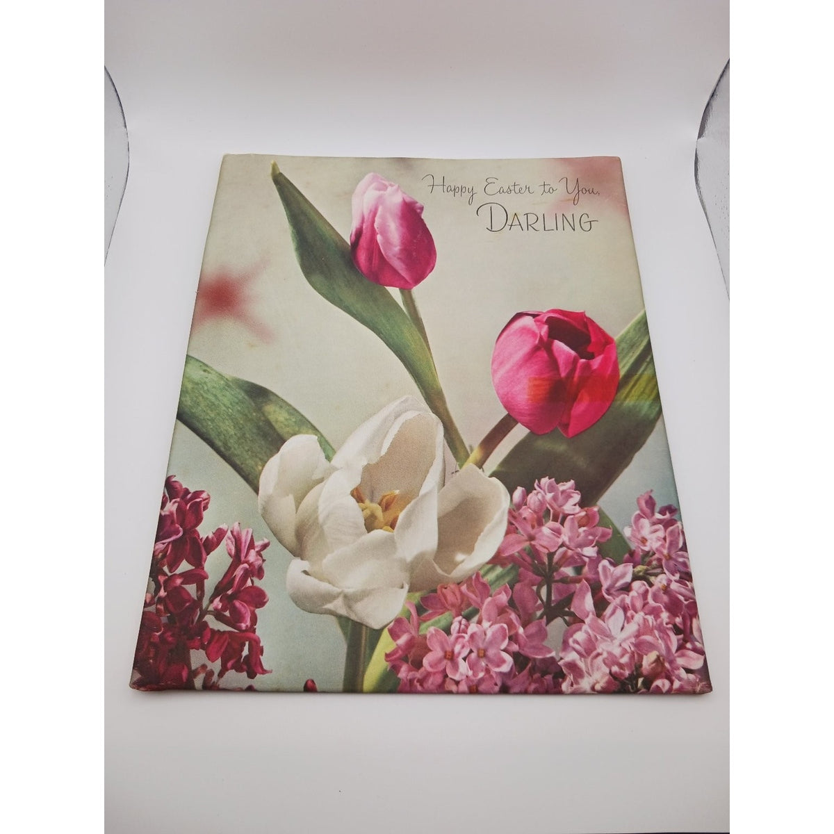 Vintage Paramount Happy Easter Floral Satin Padded Greeting Card Tulips Lilacs