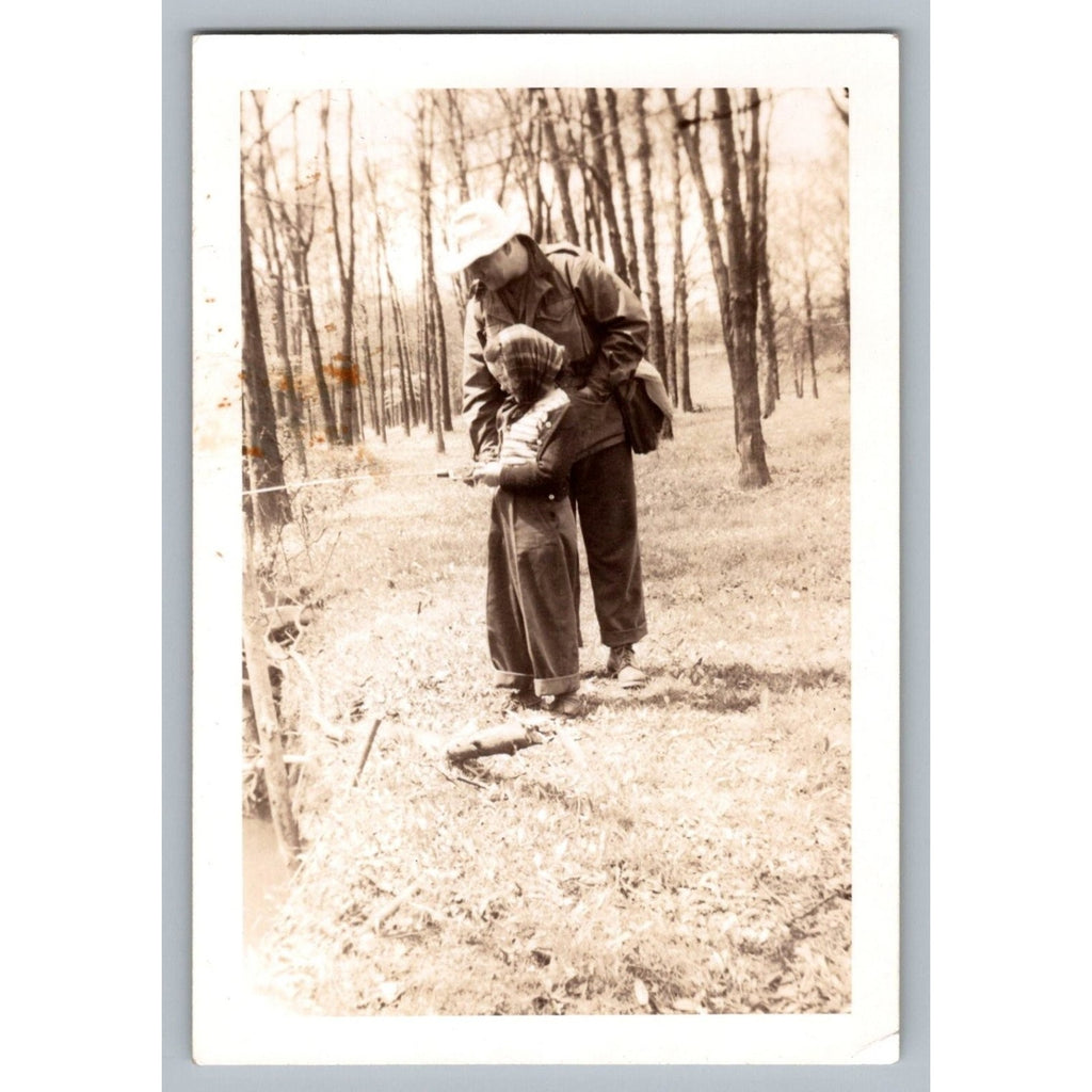 Father & Child Fishing 1940s Snapshot Photograph Woods Americana Vintage