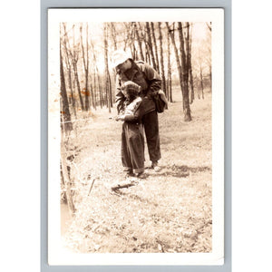 Father & Child Fishing 1940s Snapshot Photograph Woods Americana Vintage