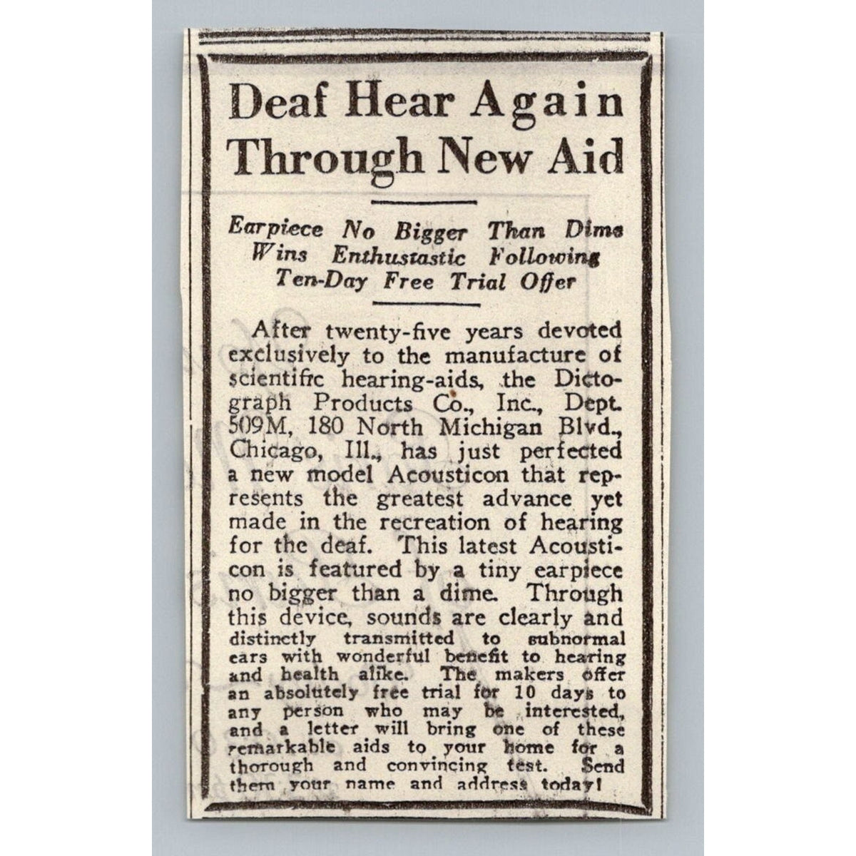 1930 Chicago Acousticon Hearing Aid Print Ad Dictograph Products Ephemera