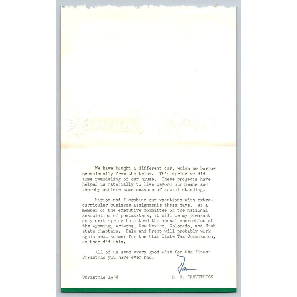 1958 Christmas Letter Card D R Trevithick Postmaster Family History Ephemera
