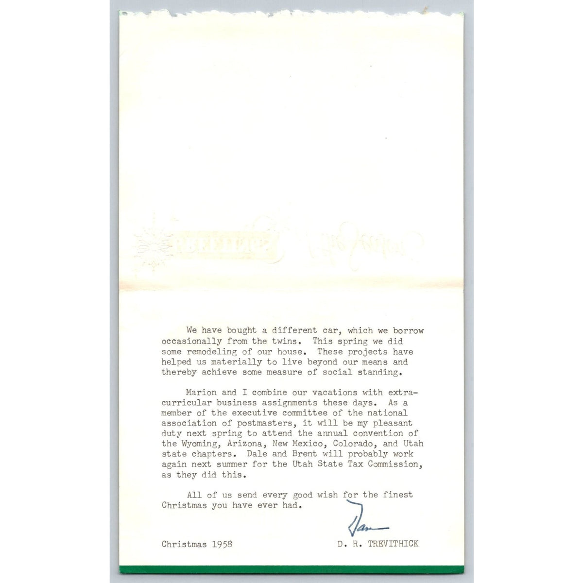 1958 Christmas Letter Card D R Trevithick Postmaster Family History Ephemera