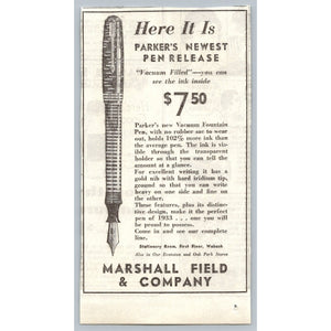 1933 Parker Vacuum Filled Fountain Pen Ad Marshall Field Chicago VTG Ephemera