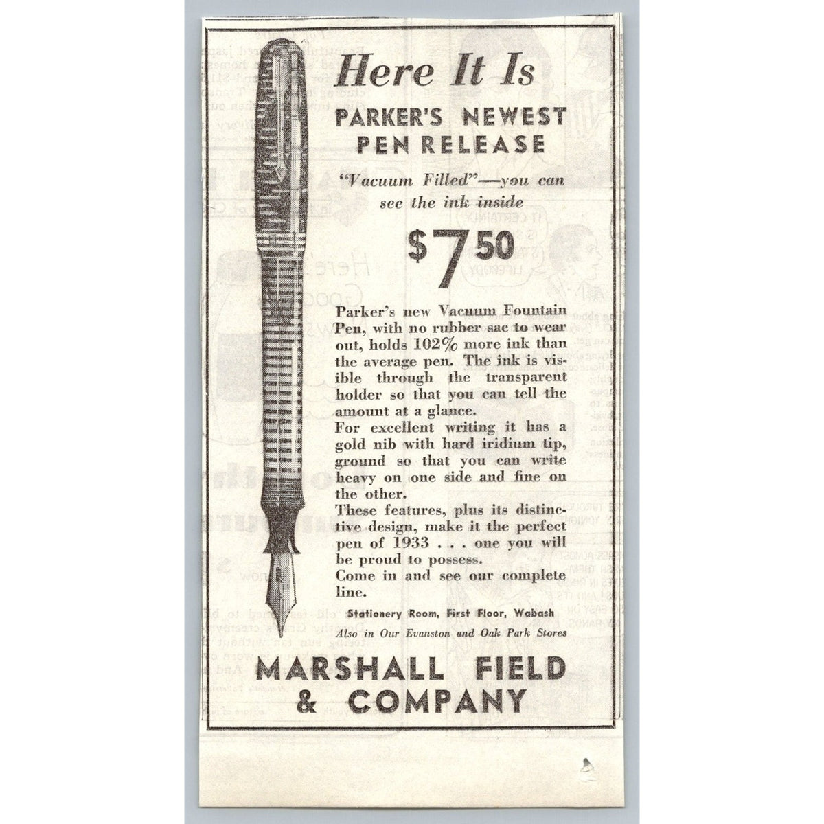 1933 Parker Vacuum Filled Fountain Pen Ad Marshall Field Chicago VTG Ephemera