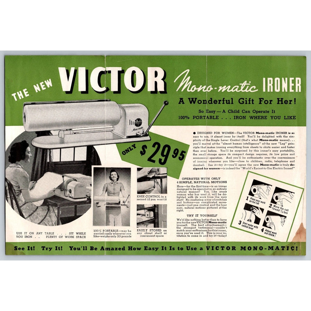 1939 VICTOR Mono-matic IRONER Brochure Vintage Electric Appliance Ad