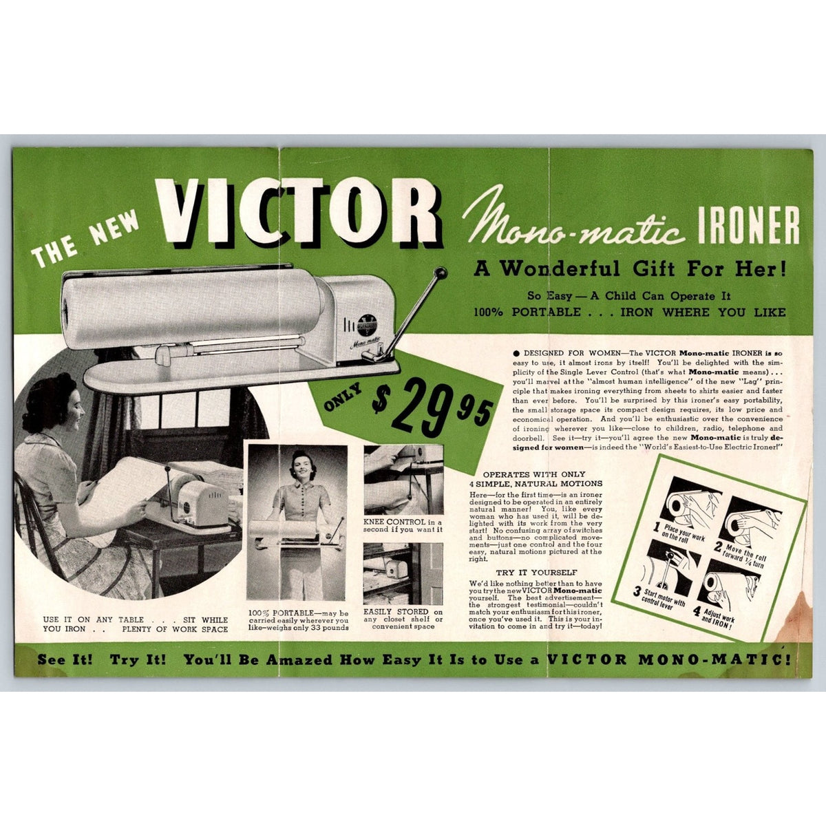 1939 VICTOR Mono-matic IRONER Brochure Vintage Electric Appliance Ad