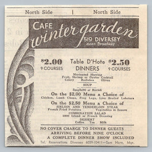VTG Cafe Winter Garden Chicago Menu Print Ad 1930s Diversey Broadway Dinner Show