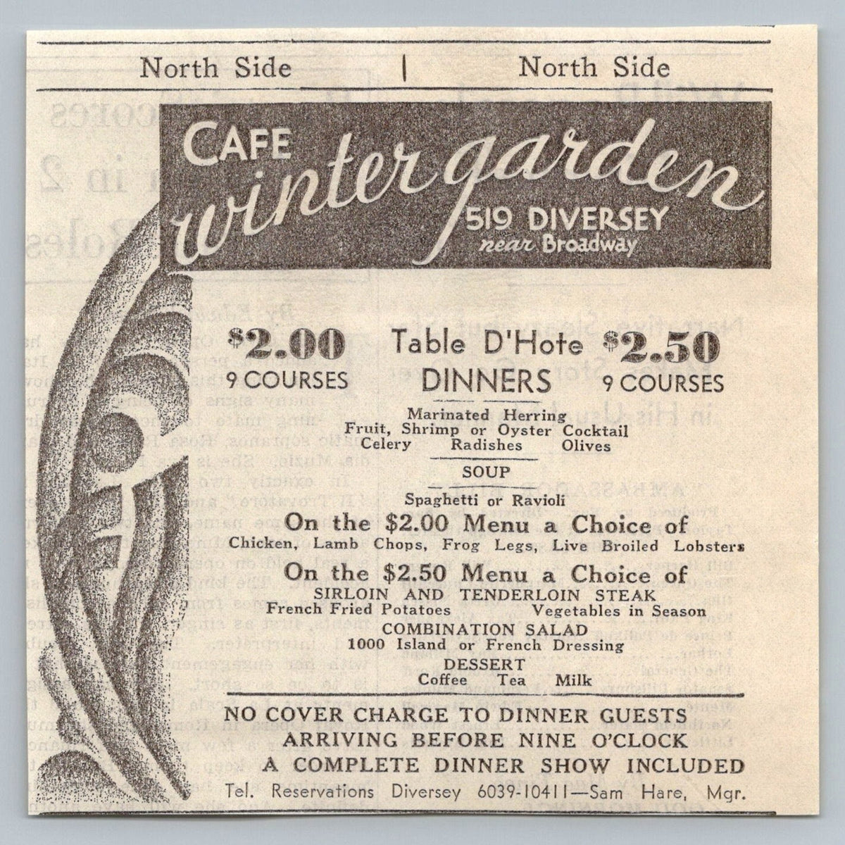 VTG Cafe Winter Garden Chicago Menu Print Ad 1930s Diversey Broadway Dinner Show
