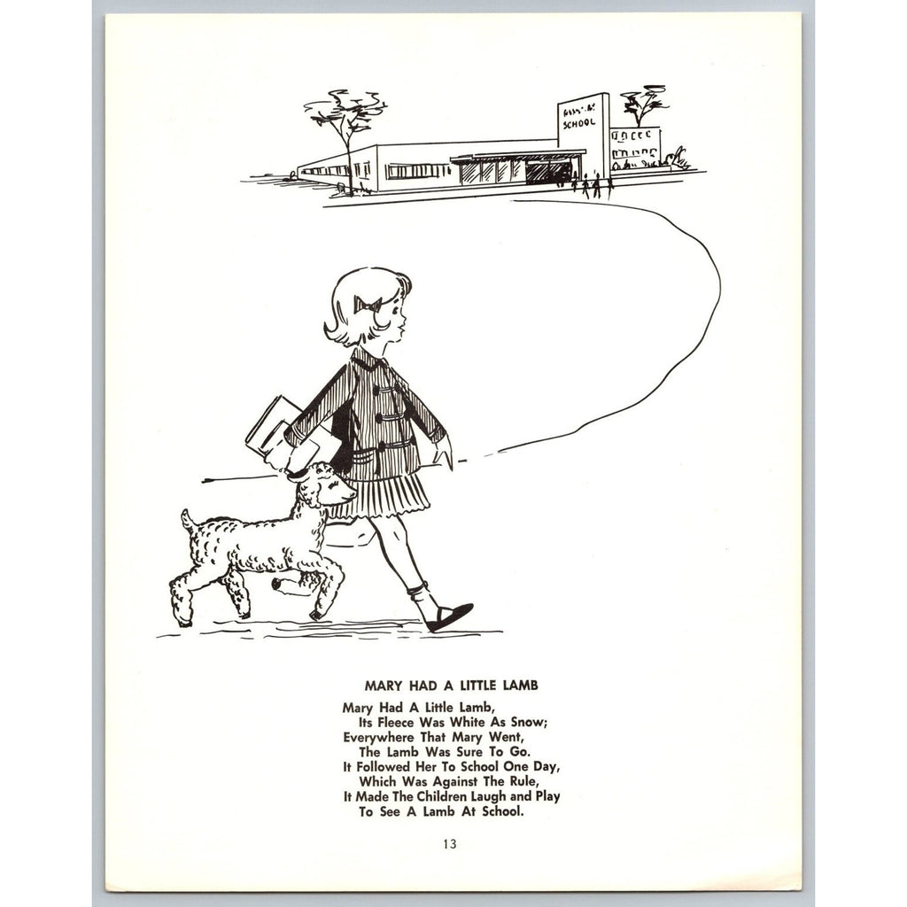 Mary Had a Little Lamb Vintage Kids Art Print Unsigned Black & White MCM