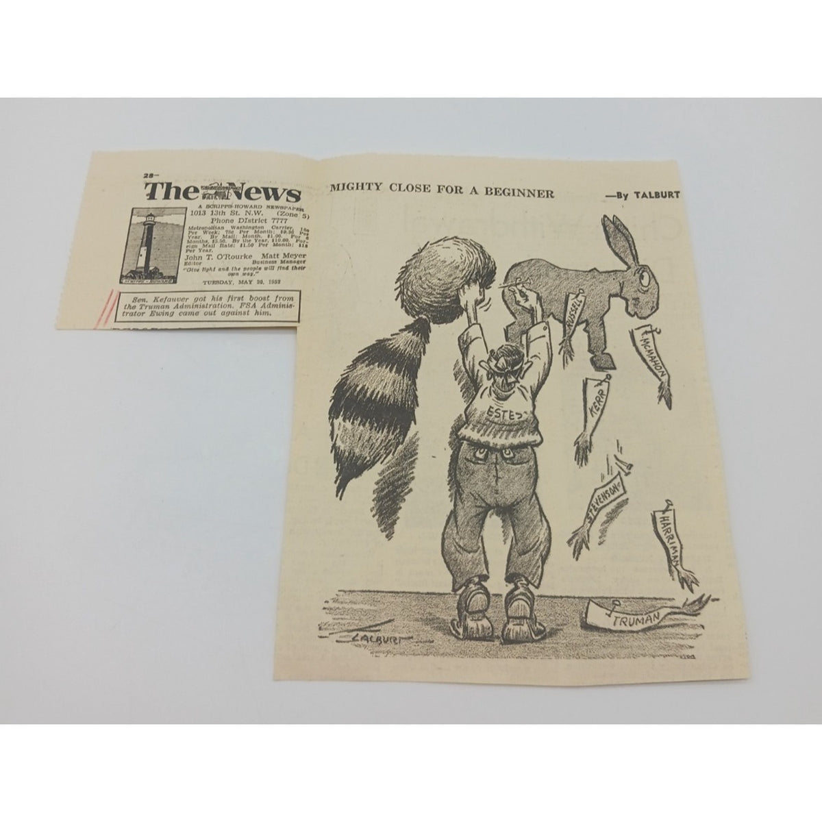 Estes Kefauver Comic Pinning Coonskin Cap on Donkey Cartoon Newspaper Clipping